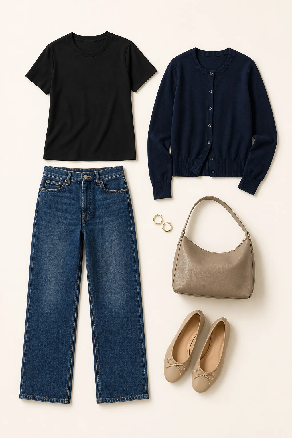 Black tee, navy cardigan, jeans, beige flats and accessories arranged as an outfit