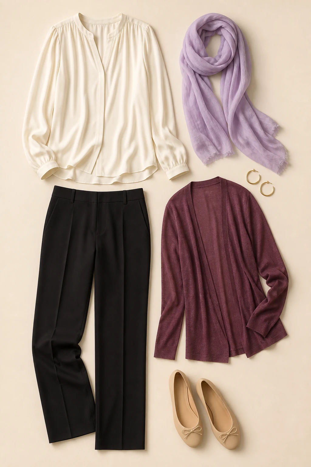 Ivory blouse, black trousers, berry cardigan, flats and scarf arranged as an evening outfit
